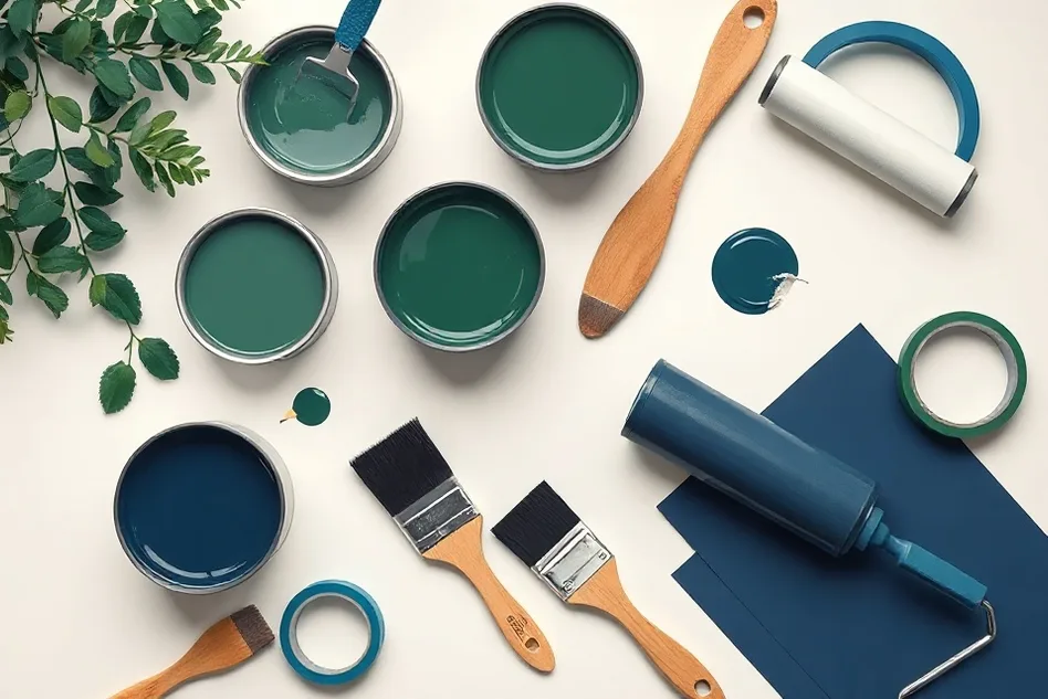 Pots de peinture, nuancier, brosses et rouleaux disposés à plat