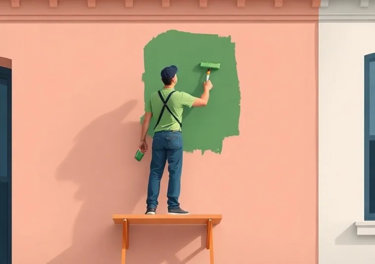 Peintre sur échafaudage traitant la façade d'une maison