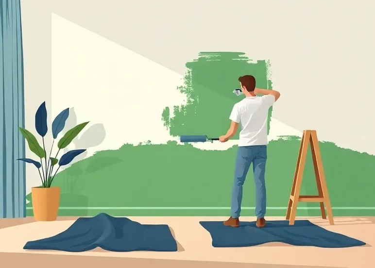Peintre appliquant la peinture au rouleau sur un mur de salon